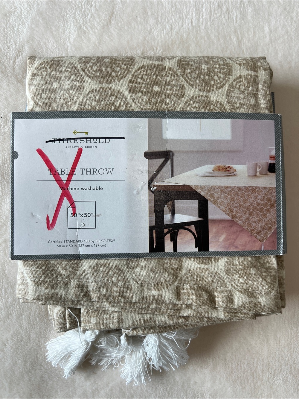 Threshold Neutral Beige Patterned Tablecloth with Tassels
